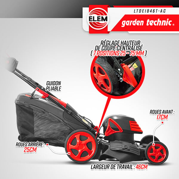 ELEM GARDEN TECHNIC - Tondeuse à  gazon électrique tractée 1800W - 46CM avec carter en acier - large