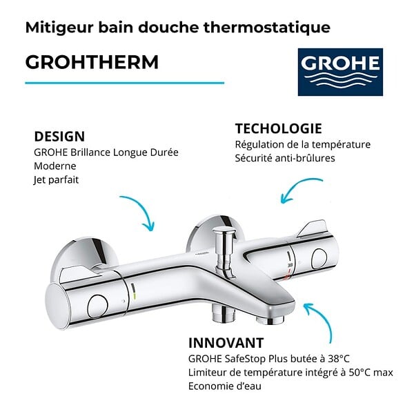 GROHE - PACK Mitigeur thermostatique bain douche + pommeau de douche + Barre de douche + flexible Grotherm 800 et Tempesta - large