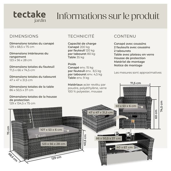 TECTAKE - Salon de jardin 6 places en résine tressée gris design contemporain lignes épurées coussins déperlants housse protection - large