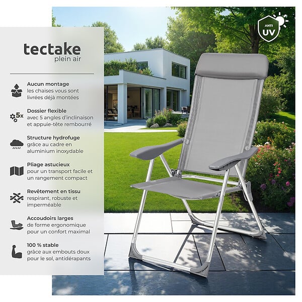 TECTAKE - 4 chaises de jardin pliantes en aluminium avec appui-tête gris - large