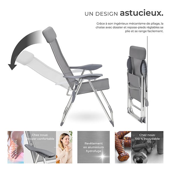 TECTAKE - 4 chaises de jardin pliantes en aluminium avec appui-tête gris - large