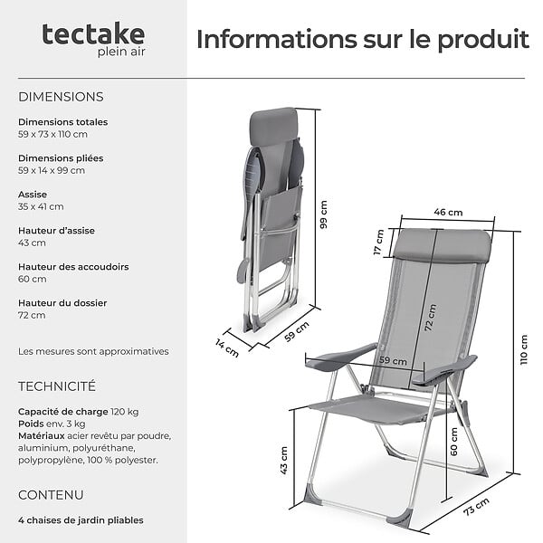 TECTAKE - 4 chaises de jardin pliantes en aluminium avec appui-tête gris - large