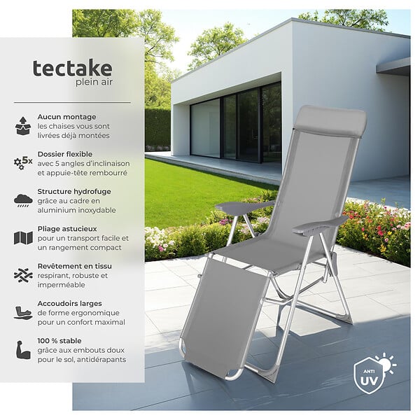 TECTAKE - 2 chaises de jardin pliantes en aluminium avec appui-tête et repose-pieds gris - large