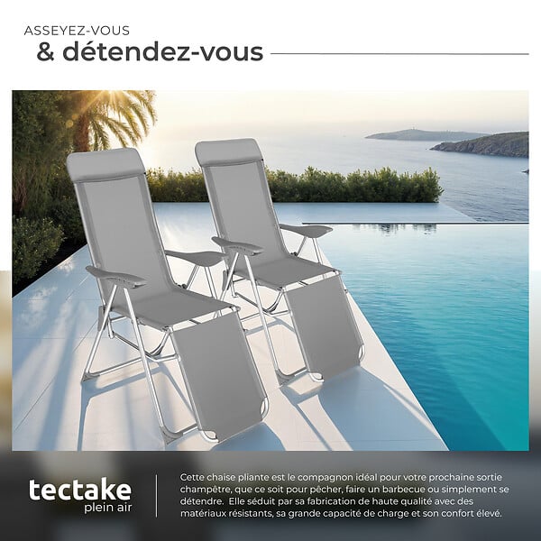 TECTAKE - 2 chaises de jardin pliantes en aluminium avec appui-tête et repose-pieds gris - large