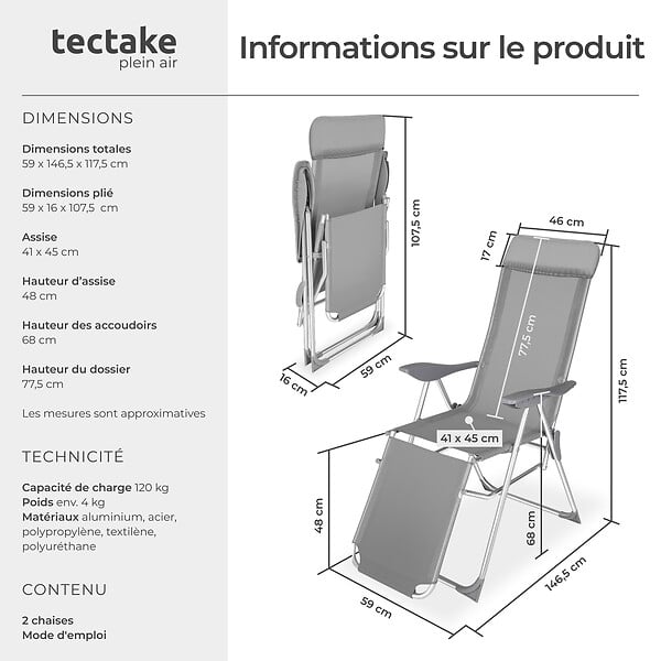 TECTAKE - 2 chaises de jardin pliantes en aluminium avec appui-tête et repose-pieds gris - large