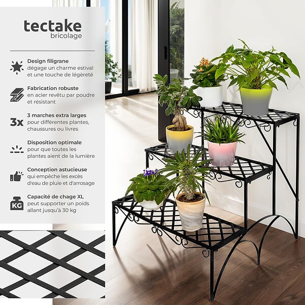 TECTAKE - Etagère pour plantes droite 3 niveaux noir - large