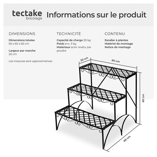 TECTAKE - Etagère pour plantes droite 3 niveaux noir - large