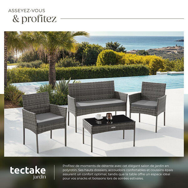 TECTAKE - Salon de jardin en résine tressée PALESE gris - large