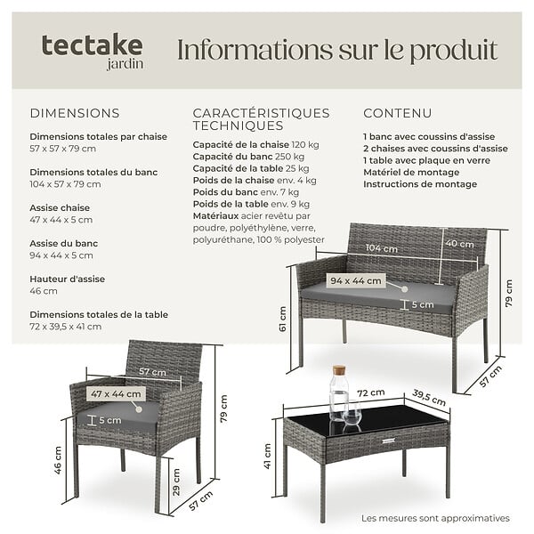 TECTAKE - Salon de jardin en résine tressée PALESE gris - large