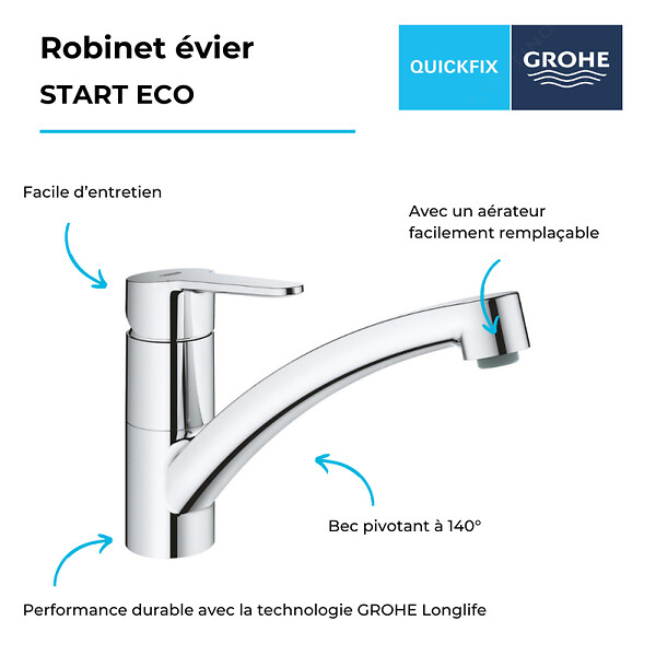 GROHE - Robinet de cuisine bec bas Start Eco Quickfix + nettoyant GrohClean - large