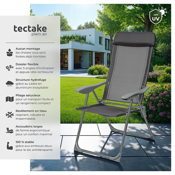 TECTAKE - 4 chaises de jardin pliantes en aluminium avec appui-tête gris anthracite - large