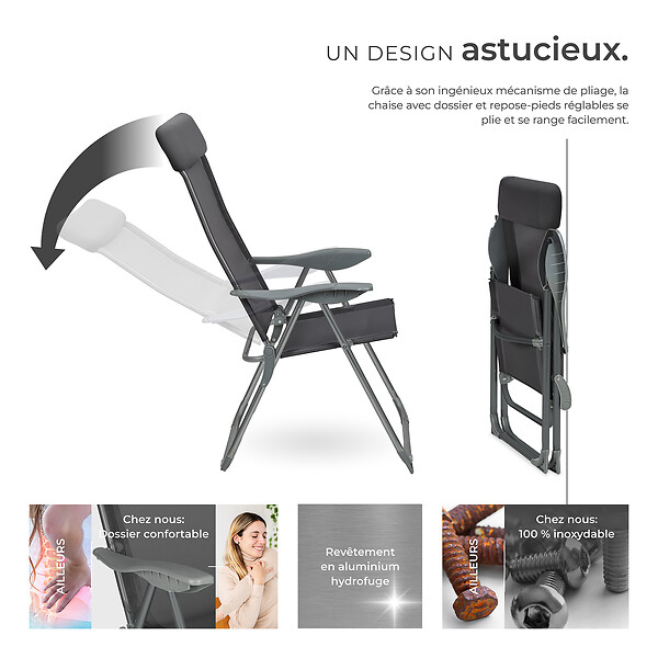 TECTAKE - 4 chaises de jardin pliantes en aluminium avec appui-tête gris anthracite - large