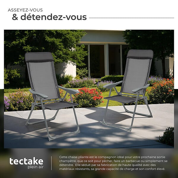 TECTAKE - 4 chaises de jardin pliantes en aluminium avec appui-tête gris anthracite - large