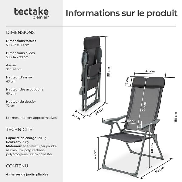 TECTAKE - 4 chaises de jardin pliantes en aluminium avec appui-tête gris anthracite - large