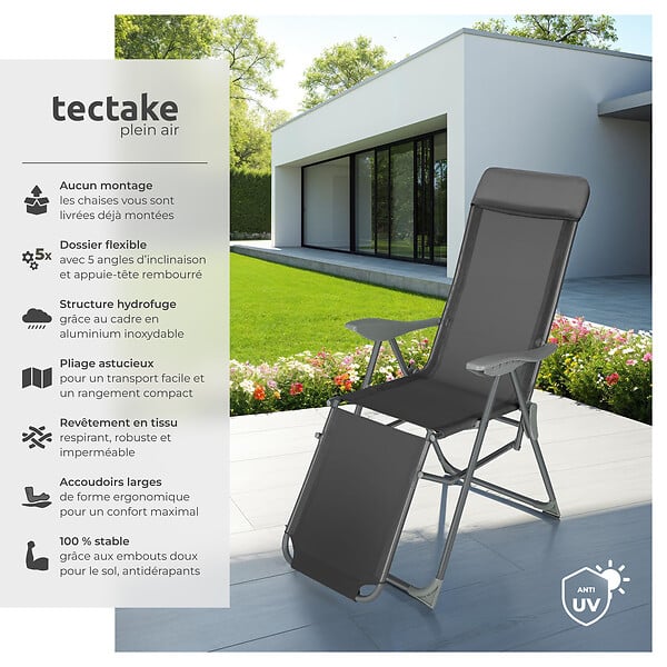 TECTAKE - 2 chaises de jardin pliantes en aluminium avec appui-tête et repose-pieds gris anthracite - large