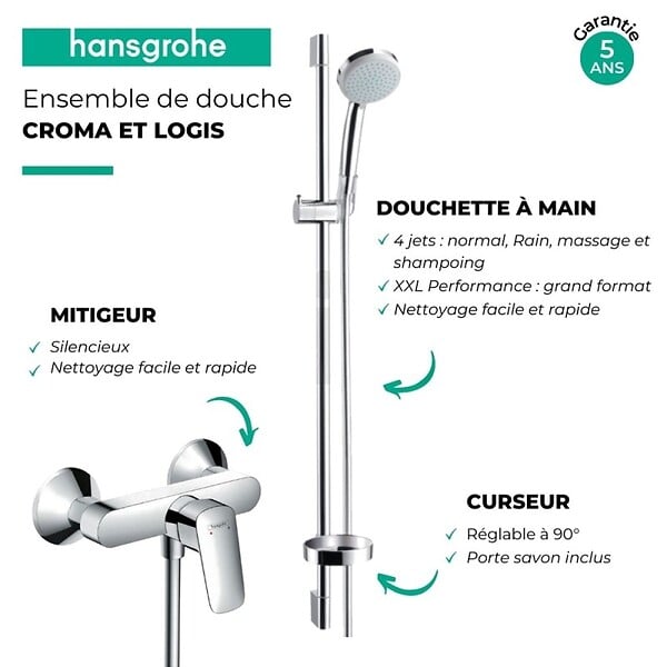 HANSGROHE - Ensemble douche HANCroma Vario + Mitigeur mécanique Logis - large