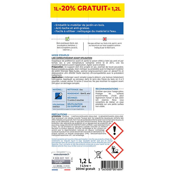 STARWAX - Huile protectrice pour mobilier de jardin - Starwax - Incolore - 1,2 L - large
