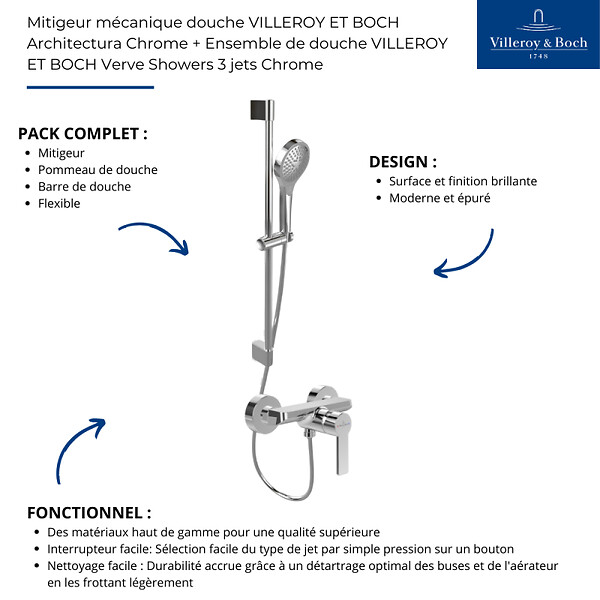 VILLEROY ET BOCH - Mitigeur mécanique douche  Architectura Chrome + Ensemble de douche  Verve Showers 3 jets Chrome - large