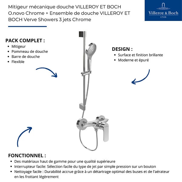 VILLEROY ET BOCH - Mitigeur mécanique douche  O.novo Chrome + Ensemble de douche  Verve Showers 3 jets Chrome - large
