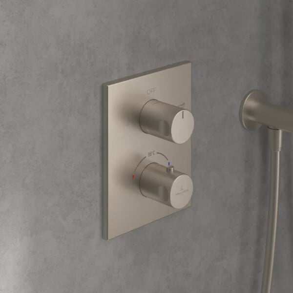 VILLEROY ET BOCH - Façade thermostatique 2 voies  Universal rectangle Brushed Nickel Matt + corps encastré - large
