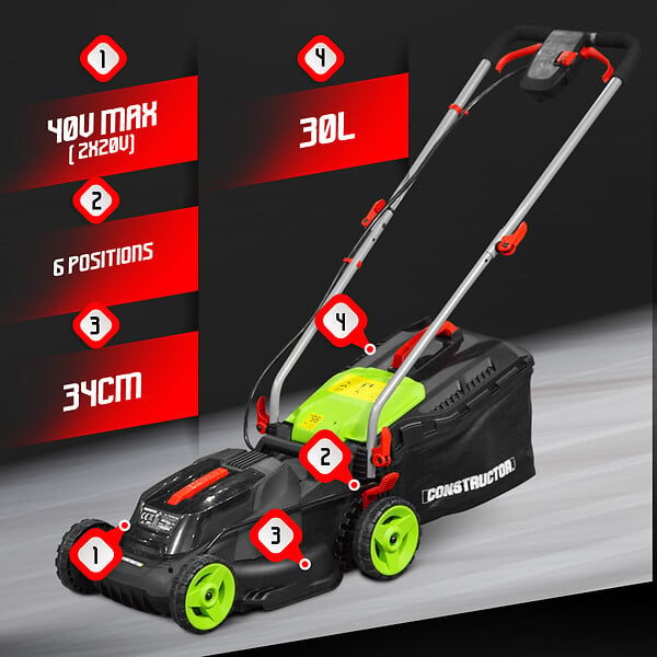 CONSTRUCTOR - Tondeuse rechargeable 40V (2x20V) 34 cm avec 2 batteries 2Ah et chargeur - large