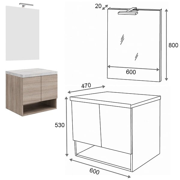 SANIVERRE - Meuble Sous Vasque 60cm+miroir Chêne Fumé + Plan Gris Béton - Oslo - large