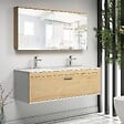 SANIVERRE - Meuble Double Vasque Encastrée 120 Cm + Miroir Armoire 1 Tiroir Chêne Clair Salle De Bain - Rubite - vignette