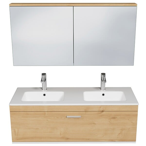 SANIVERRE - Meuble Double Vasque Encastrée 120 Cm + Miroir Armoire 1 Tiroir Chêne Clair Salle De Bain - Rubite - large