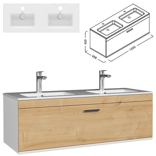 SANIVERRE - Meuble Double Vasque Encastrée 120 Cm + Miroir Armoire 1 Tiroir Chêne Clair Salle De Bain - Rubite - large