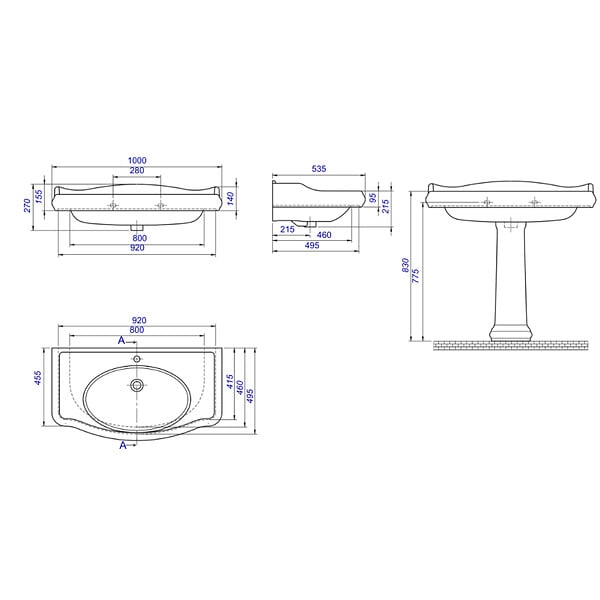 PLANETE BAIN - Lavabo colonne rétro 100 cm en céramique blanc - large