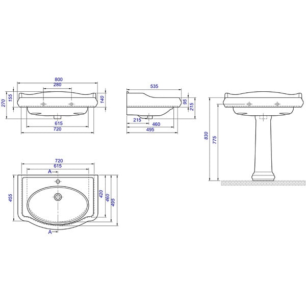PLANETE BAIN - Lavabo colonne rétro 80 cm en céramique blanc - large