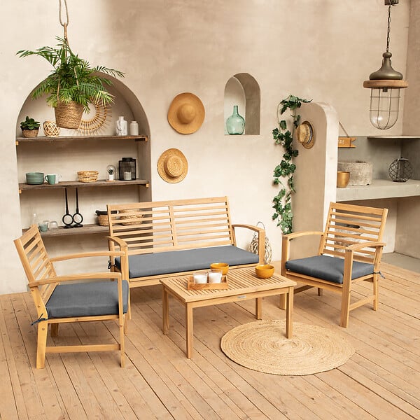 HAPPY GARDEN - Salon de jardin en acacia 4 places GOA - coussins gris - large