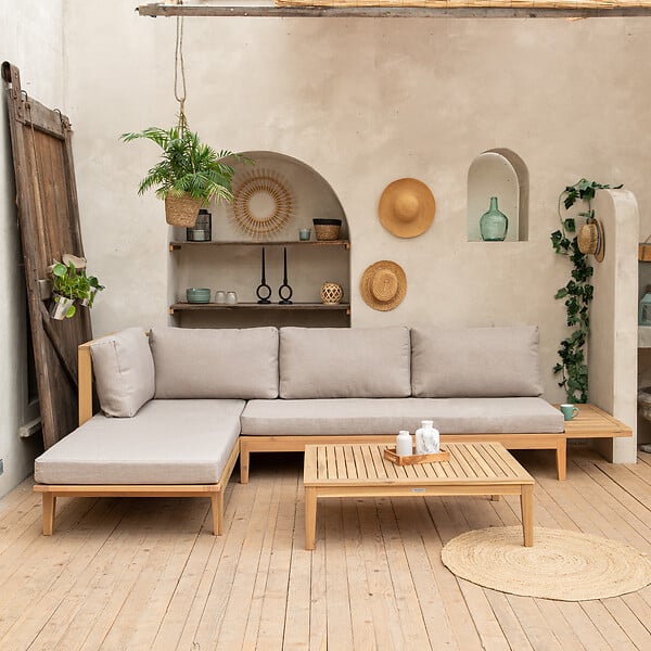 HAPPY GARDEN - Salon de jardin en acacia 4 places PANGKOR - coussins sable - large