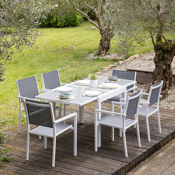 HAPPY GARDEN - Salon de jardin LAMPEDUSA extensible en textilène gris 8 places - aluminium blanc - large
