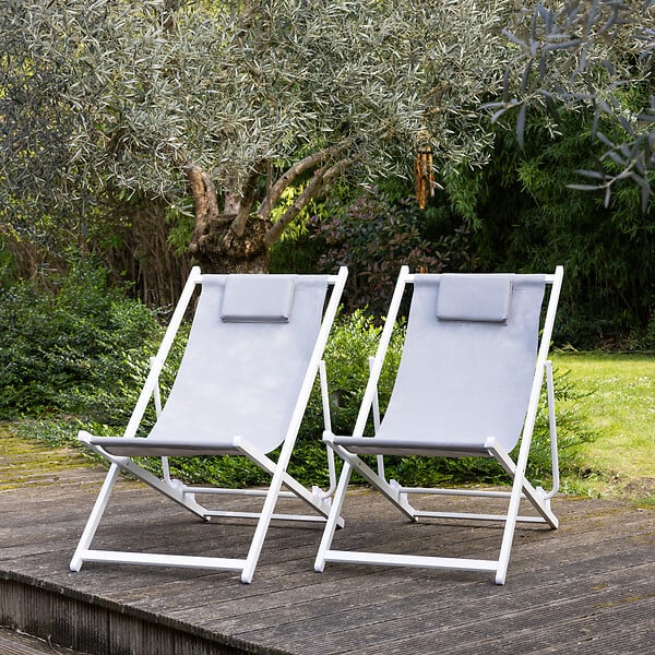 HAPPY GARDEN - Lot de 2 chiliennes CYPRUS - textilène gris/structure blanche - large