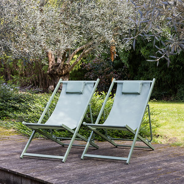 HAPPY GARDEN - Lot de 2 chiliennes CYPRUS - textilène vert sauge/structure vert sauge - large