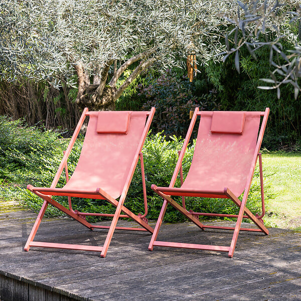 HAPPY GARDEN - Lot de 2 chiliennes CYPRUS - textilène terracotta/structure terracotta - large