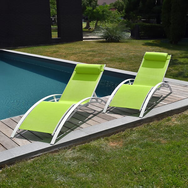 HAPPY GARDEN - Lot de 2 transats GALAPAGOS en textilène vert - aluminium blanc - large