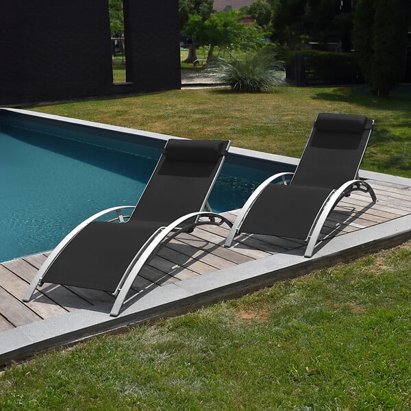 HAPPY GARDEN - Lot de 2 transats GALAPAGOS en textilène noir - aluminium gris - large