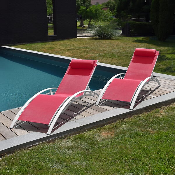 HAPPY GARDEN - Lot de 2 transats GALAPAGOS en textilène rose - aluminium blanc - large