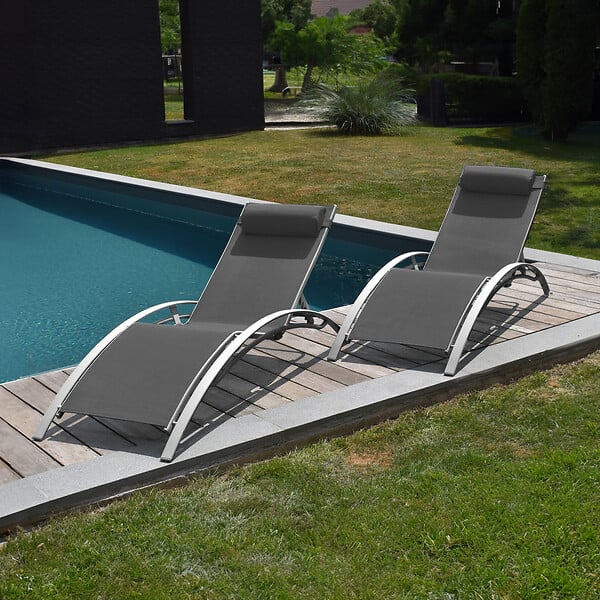 HAPPY GARDEN - Lot de 2 transats GALAPAGOS en textilène gris - aluminium gris - large