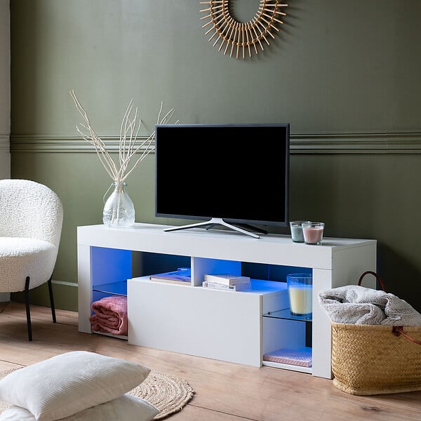 HAPPY GARDEN - Meuble TV 140cm blanc à LED DARYL - large