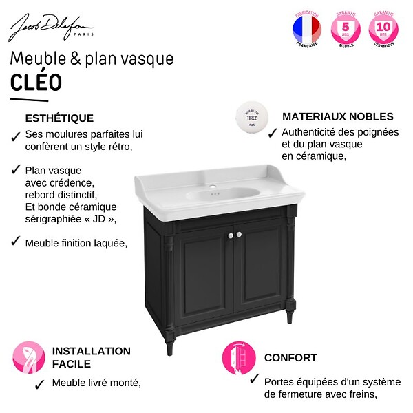 JACOB DELAFON - Meuble salle de bain Cléo 1889 plan vasque + miroir + mitigeur lavabo chromé - large