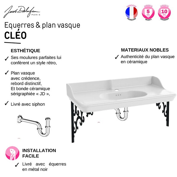 JACOB DELAFON - Pack plan vasque suspendu Cléo 1889 + siphon chromé - large