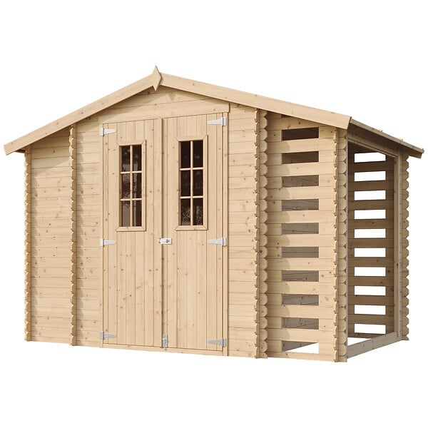 TIMBELA - Abri de jardin en bois et range bûches extérieur - Stockage extérieur I206xL328xH218 cm/ 3,53 + 0,97+0,97 m2 - M389C - large