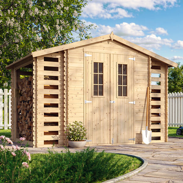 TIMBELA - Abri de jardin en bois et range bûches extérieur AVEC SOL TRAITÉ - extérieur I206xL328xH218 cm/ 3,53 + 0,97+0,97 m2 - M391C+M391G - large