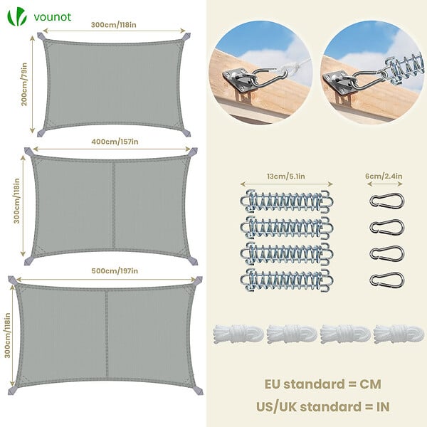 VOUNOT - Voile d'ombrage Rectangulaire en Polyester Imperméable avec Kit de Montage 3x2m Gris - large