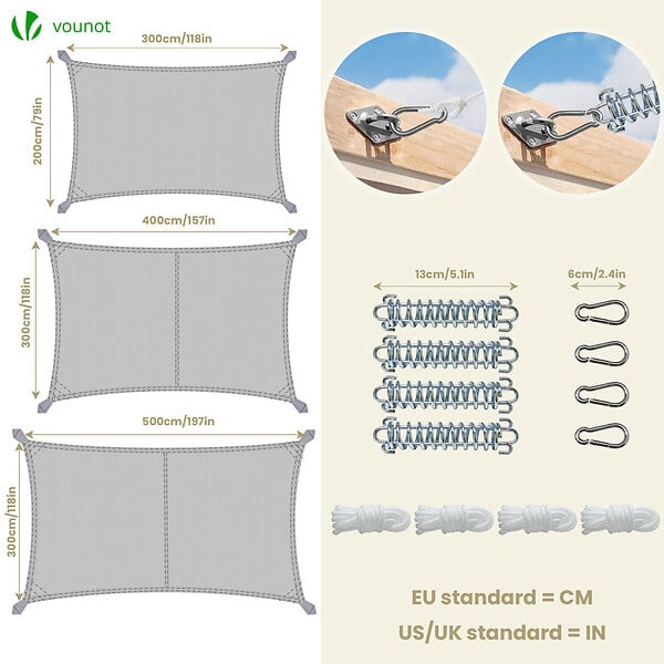 VOUNOT - Voile d'ombrage Rectangulaire en Polyester Imperméable avec Kit de Montage 3x5m Gris Clair - large