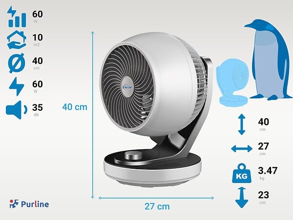 PURLINE - Ventilateur de Bureau 60W avec 3 vitesses et oscillant - large