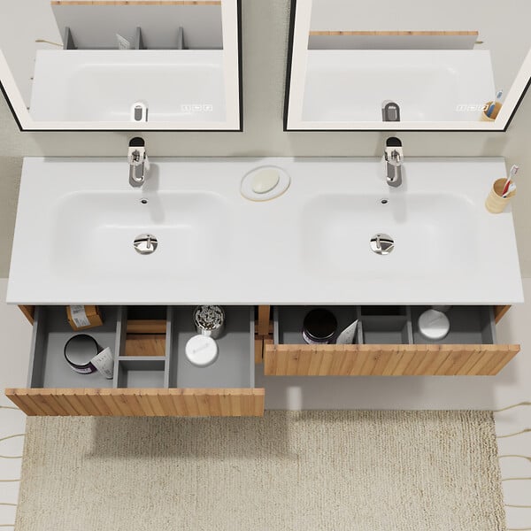 GODART - Meuble salle de bain 140 cm - Double vasque Solid surface - Effet bois strié - A suspendre - Karaib 2 - large